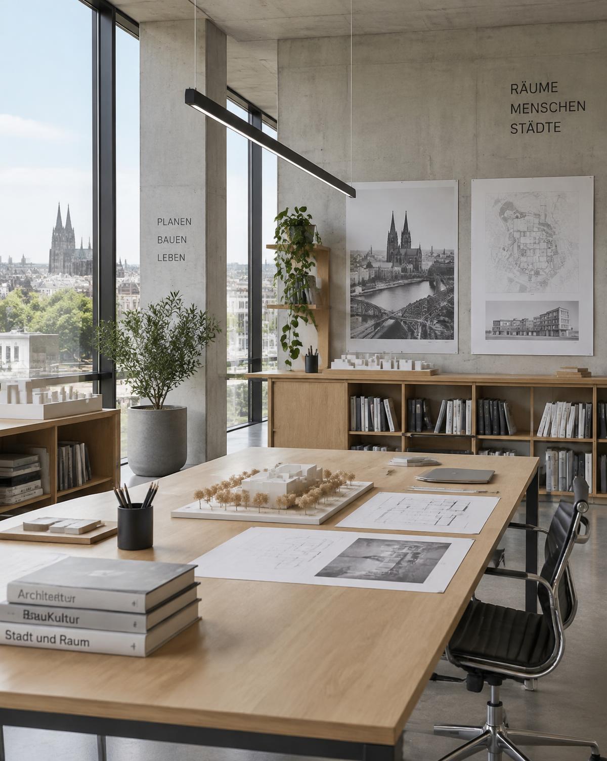 Architekturbüro in München mit Arbeitsmodellen und Plänen
