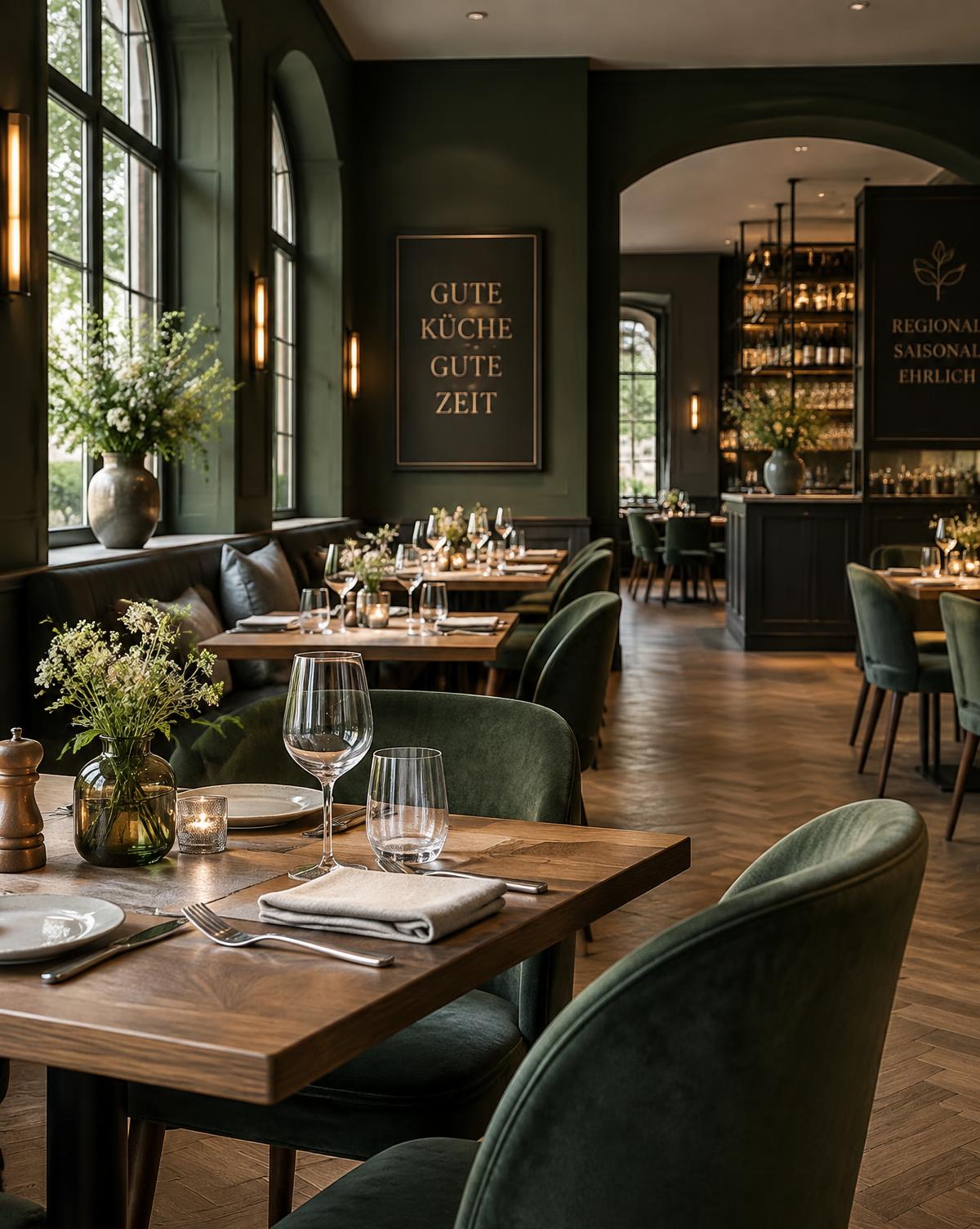 Einladendes Restaurant in Köln mit grünen Samtstühlen